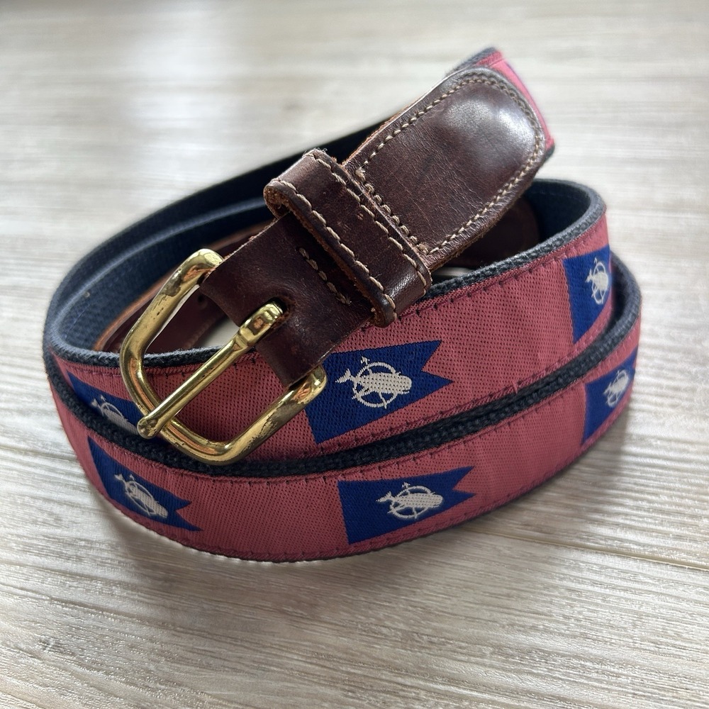 Preston Nautical Belt Sz 46 Made In New England Brass Buckle Leather Canvas
